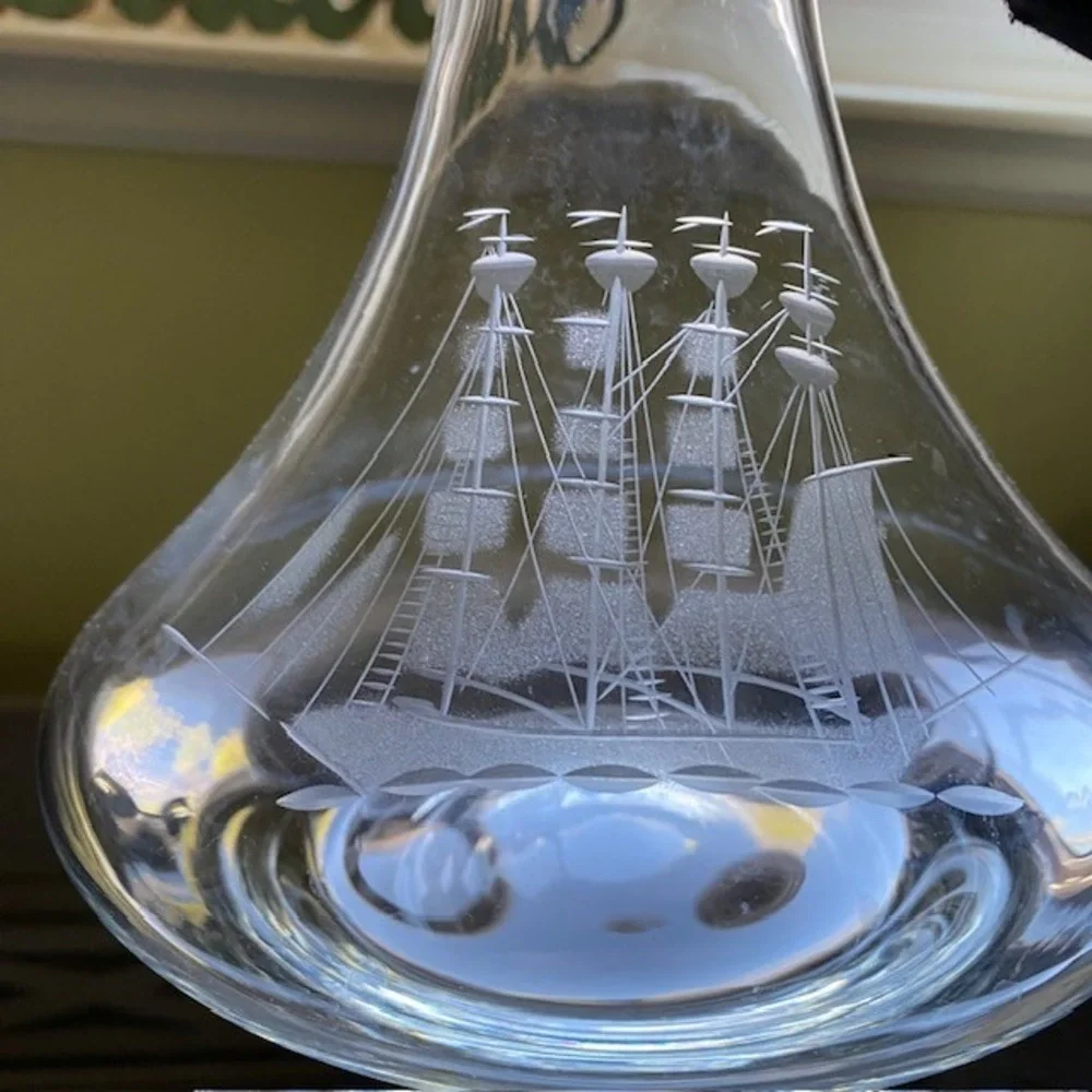 Etched Glass Ship Decanter Nautical Tall Sailing Ship‎ Barware with Stopper